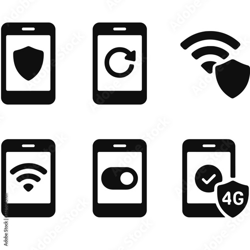 Mobile VPN Icons. Solid style icons of mobile VPN: smartphone shield, mobile auto-connect, app protection icon, Wi-Fi VPN icon,