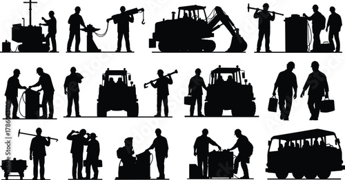Construction workers silhouette, heavy machinery, excavator, forklift, teamwork, industrial labor, surveying tools, collaboration, infrastructure, black background, engineering illustration