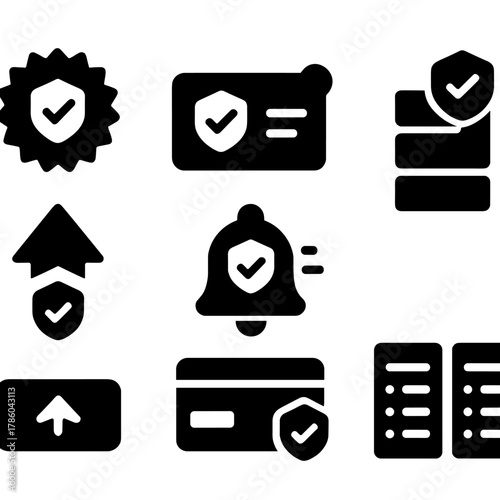 VPN Plan Icons. Solid style icons of VPN subscription and plans: premium badge, trial plan, subscription card, plan tiers, upgrade