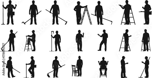 Construction worker silhouettes with tools, ladder climbing, hammer, shovel, chair, teamwork, trades, industrial labor, maintenance, workforce diversity illustration