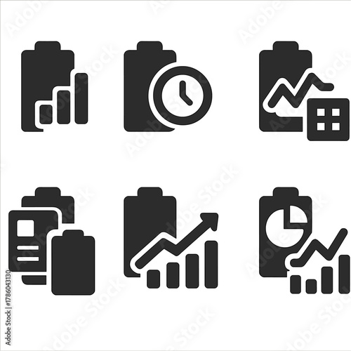 Battery Analytics Icons. Solid style icons of battery analytics: usage chart, time remaining icon, discharge rate graph, daily