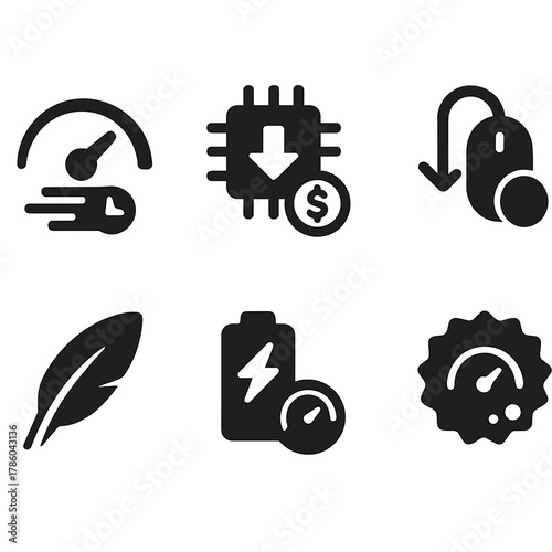Performance Boost Icons. Solid style icons of performance boost: fast load icon, CPU reduce icon, memory save, smooth scroll,
