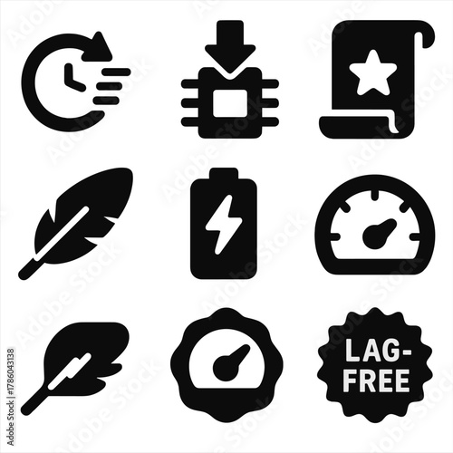 Performance Boost Icons. Solid style icons of performance boost: fast load icon, CPU reduce icon, memory save, smooth scroll,