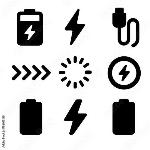 Charging Icons Collection. Solid style icons of charging animation: animated battery, charging bolt icon, animated cable, current