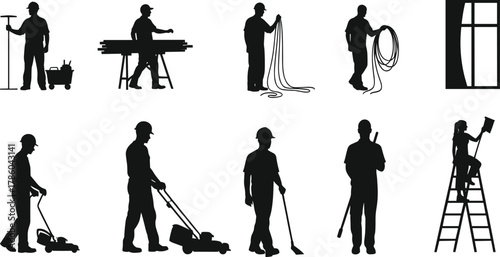 Construction and maintenance workers silhouettes, manual labor tasks, cleaning, cable handling, ladder safety, window installation, lawnmower, broom, industrial workforce illustration