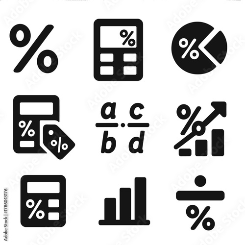 Solid Percentage Icons. Solid style icons of percentage and ratio tools: percent change icon, ratio calculator, part of whole,