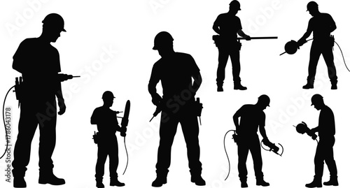 Construction workers silhouette, power tools, drilling, cutting, assembling, teamwork, safety helmets, tool belts, protective gear, industrial labor, black background illustration