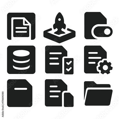 App File Access Icons. Solid style icons of app file access: app file viewer, app sandbox, file by app, permission toggle, app