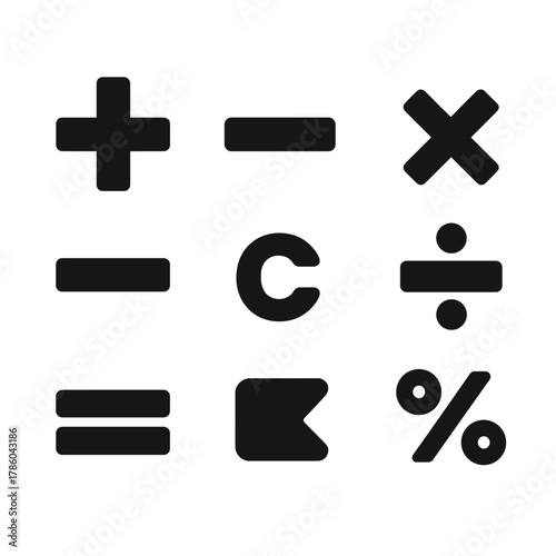 Basic Calculator Icons. Solid style icons of basic calculator functions: plus icon, minus icon, multiplication, division symbol,