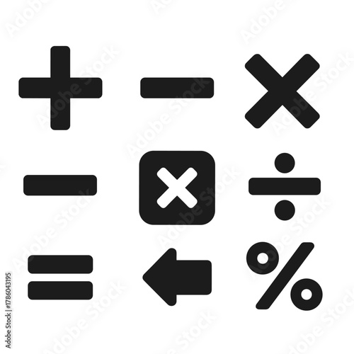 Basic Calculator Icons. Solid style icons of basic calculator functions: plus icon, minus icon, multiplication, division symbol,