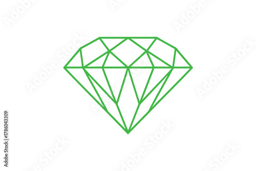 A simple green outline of a diamond gem is displayed against a pure white background, symbolizing luxury and value.