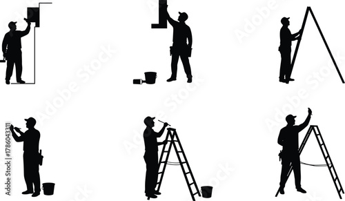 Painting worker silhouettes with roller, ladder climbing, paint bucket, tray, brush, hammer, home improvement, renovation, teamwork, manual labor illustration