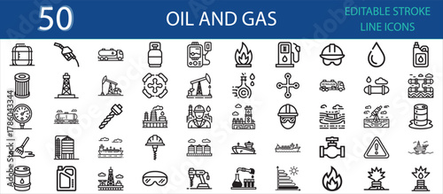 Editable line icons of oil and gas industry concepts. Includes refinery, fuel, pipeline, drill, barrel, engineer, tanker, rig, flame, warning, ship, and factory for petroleum production.