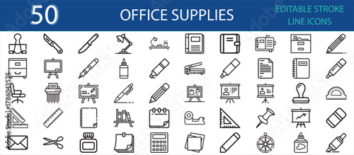 Editable stroke icon set of office supplies and stationery tools. Includes pen, pencil, ruler, notebook, binder, scissors, glue, desk, folder, envelope, lamp, board, and calculator for business use.