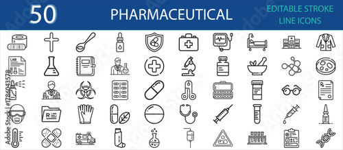 Editable stroke icon pack of pharmaceutical and healthcare symbols. Includes pills, capsule, syringe, prescription, flask, scientist, DNA, gloves, test tube, medicine, and hospital tools.