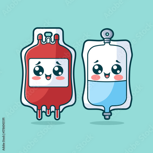 Cute Blood Bag And Plasma Bag Cartoon Vector Art, Illustration and Graphic