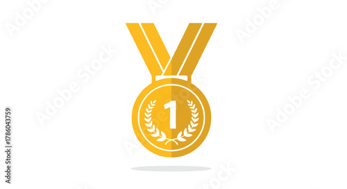 Golden first place medal with a laurel wreath and ribbon symbolizing achievement and victory on a white background