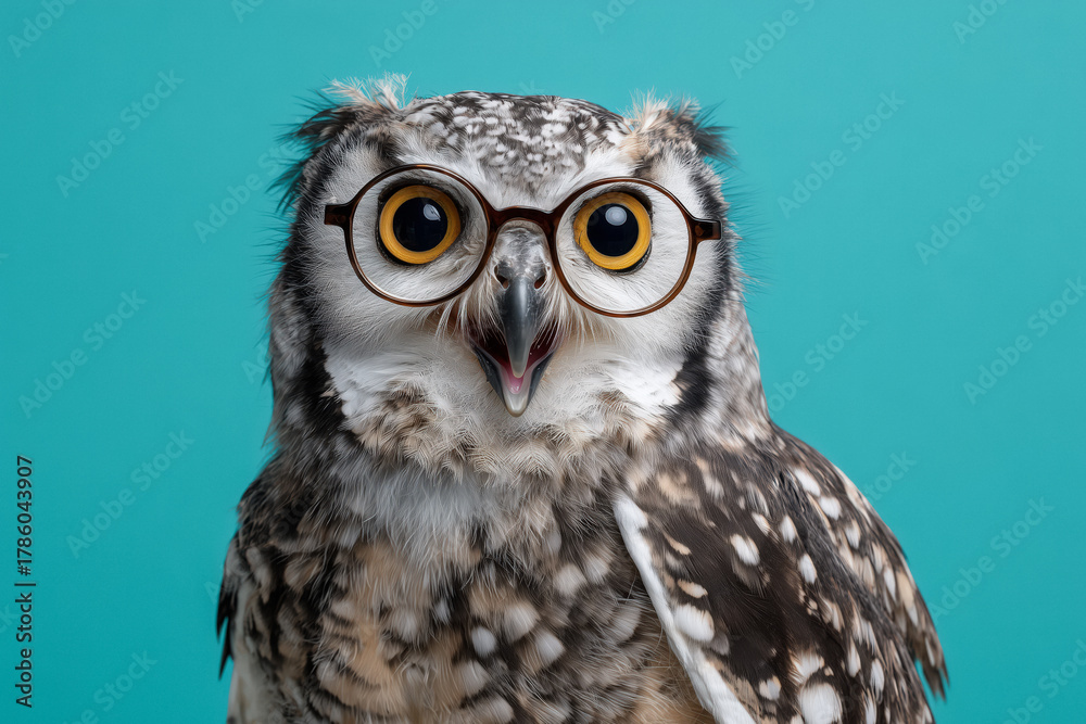 Naklejka premium Wise owl wearing glasses with open beak and vibrant eyes against a bright teal background, perfect for education, branding, and creative projects
