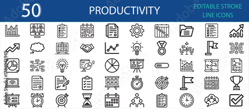 Editable line icon set of productivity and efficiency concepts. Includes calendar, chart, goal, clock, checklist, target, medal, teamwork, progress bar, and idea for office and business growth.