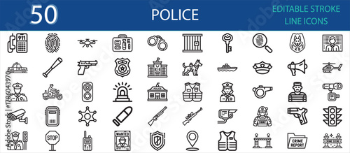 Editable stroke icons of police and security concepts. Includes badge, gun, jail, siren, patrol car, handcuff, camera, officer, SWAT, shield, whistle, traffic light, and crime scene.