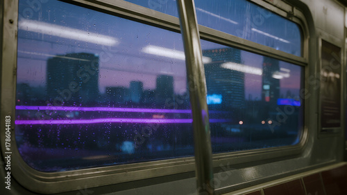 A close-up of a futuristic train window reflecting the cyberpunk city outside, streaks of purple neon light passing by