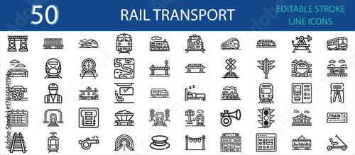Editable stroke icon set of trains and rail transport systems. Includes locomotive, metro, station, track, ticket, engineer, railway bridge, whistle, tunnel, cargo, and high-speed rail icons.
