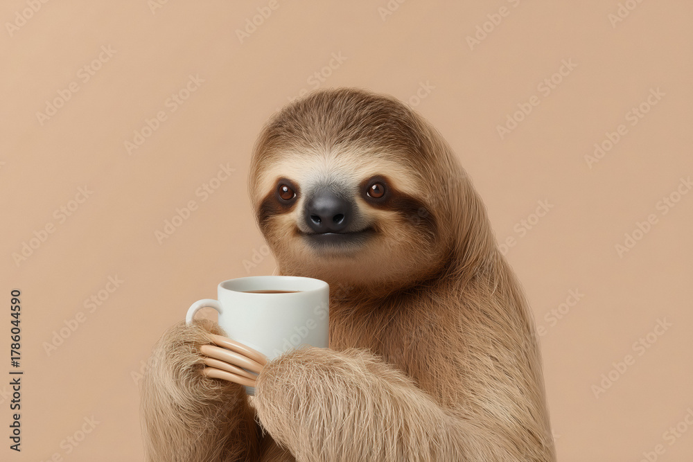 Obraz premium Adorable sloth enjoying morning coffee break looks like a perfect social media meme representing relaxation and slow living in today's busy world