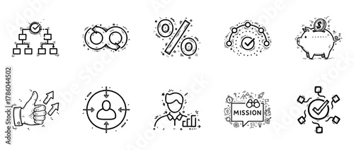 Illustrated business icons showing strategy, efficiency, and growth concepts