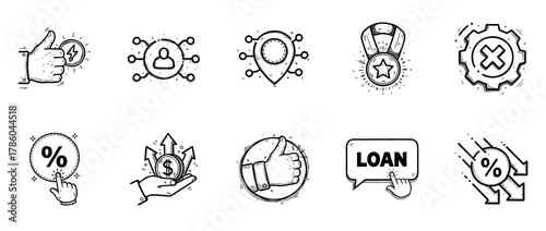Financial icons set: thumbs up, percentage, money growth, loan, security, user, location