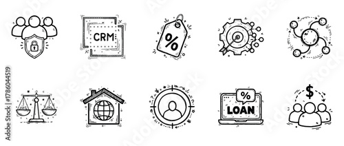 Doodle icons: security, crm, discount, analysis, network, justice, real estate, loan, finance