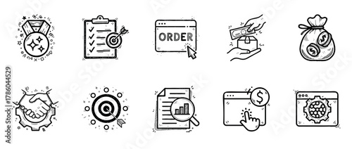 Black and white business icon set featuring money, order, and analytics symbols