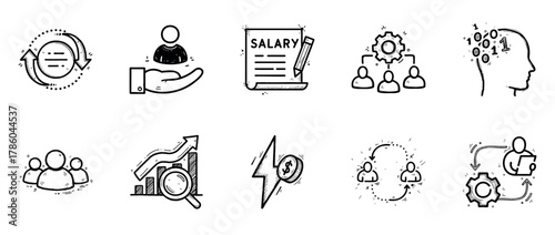 Business concepts: teamwork, salary, growth, and innovation icons