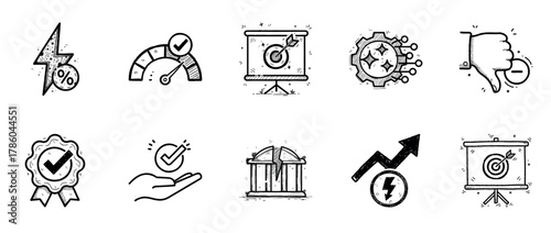 Hand-drawn business icons collection featuring charts, targets, and symbols