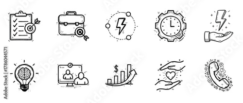 Business and productivity icon set with creative doodle style
