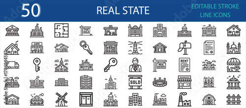 Editable line icon pack of real estate and property concepts. Includes house, apartment, rent, key, sale, agent, contract, building, bank, church, gate, and residential architecture icons.