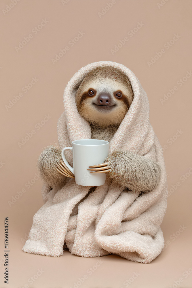 Obraz premium Adorable sloth wrapped in cozy towel enjoys a warm drink bringing smiles and relaxation to brighten your day, perfect for whimsical designs