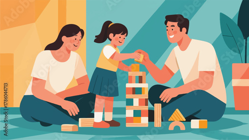 Illustration Of Two Parents Accompanying Their Daughter While She Is Playing Vector Design Template
