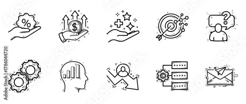 Set of business icons representing finance, growth, innovation, and technology