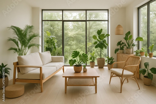 A cozy, modern living room filled with greenery. Large windows offer a peaceful view of nature, while minimalist furniture and plants create a serene and eco-friendly atmosphere
