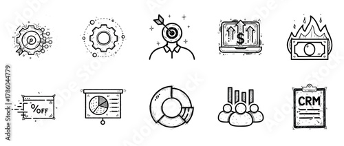 Set of hand-drawn business icons: target, money, crm, analytics, gear