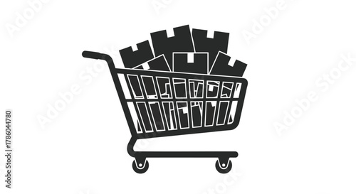 A full shopping cart overflowing with cardboard boxes representing online shopping and e commerce
