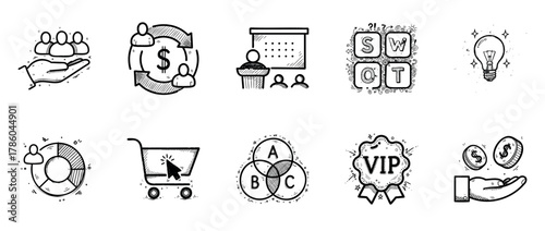Doodle business icons: teamwork, finance, marketing, innovation, and strategy concepts