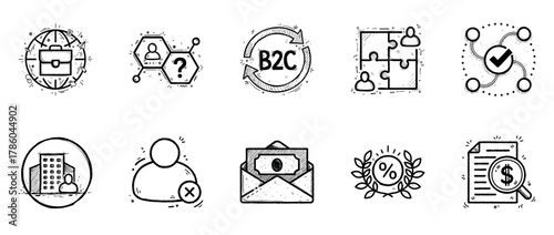 Hand-drawn business icons set with global, network, b2c, and puzzle elements