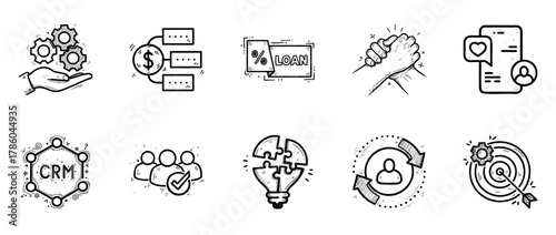 Set of business icons: gear, loan, handshake, crm, target, teamwork
