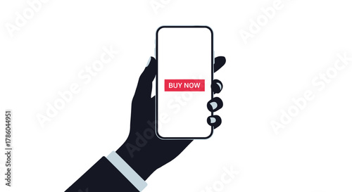 Close up of a hand holding a smartphone with a red buy now button displayed on the screen against a white background