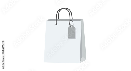 A clean minimalist illustration of a white paper shopping bag with a gray gift tag and black handles on a white background