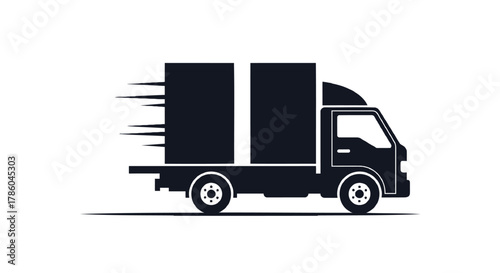 Stylized dark silhouette of a moving delivery truck with motion lines conveying speed and efficiency for logistics and transport services