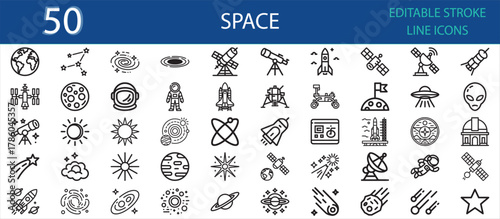 Editable line icon pack of space and astronomy concepts. Includes planets, rocket, astronaut, telescope, galaxy, satellite, UFO, solar system, orbit, meteor, and scientific exploration icons.
