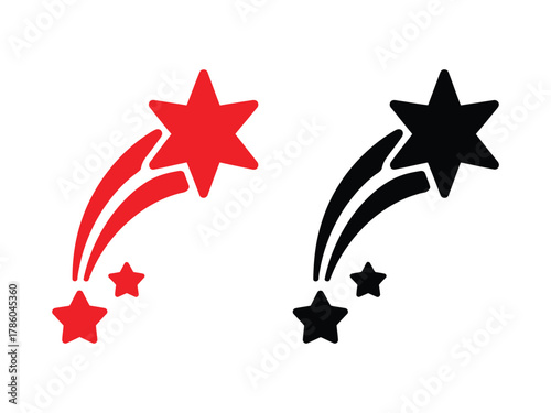 Two stylized shooting stars, one red and one black, leaving trails of light against a white background.