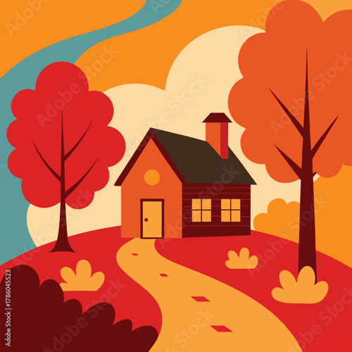 Cartoon vector illustration of autumn village landscape with houses, trees, and sky